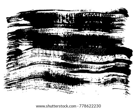 Vector artistic freehand black paint, ink or acrylic hand made creative brush stroke background isolated on white as grunge or grungy art spray effect, education abstract elements dark frame design
