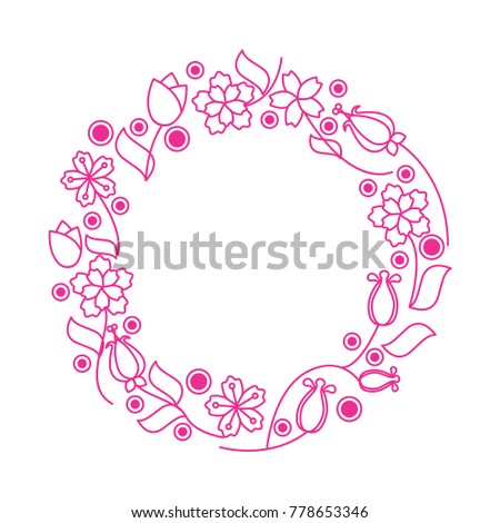 Flower lineart wreath isolated on white background. Stock vector illustration of widely spread flowers, floral elements in geometric minimal style forming a circle.