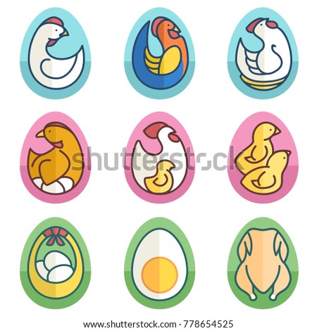 Set of 9 vector color images of hen, rooster, eggs,  chick and chicken on a transparent background. Simple, contoured, the same size, oval shape.