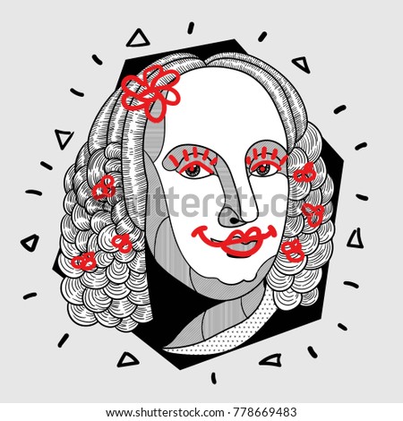 Modern portrait of composer and musician. T-Shirt Design & Printing, clothes, bags, posters, invitations, cards, leaflets etc. Vector illustration hand drawn. Antonio Lucio Vivaldi with flowers