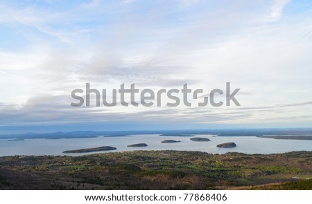 Cadillac Mountain sunset view of Bar Harbor and the Porcupine Islands at Acadia National Park