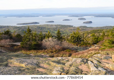 Cadillac Mountain sunset view of Bar Harbor and the Porcupine Islands at Acadia National Park