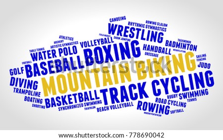 Mountain biking. Word cloud, blue text, grey gradient background. Summer sports.