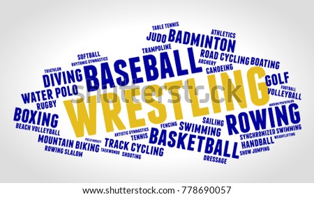 Wrestling. Word cloud, blue text, grey gradient background. Summer sports.