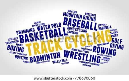 Track cycling. Word cloud, blue text, grey gradient background. Summer sports.