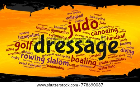 Dressage. Word cloud, cool design, gold background. Summer sports.