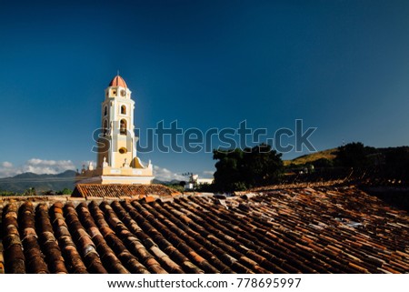 Beautiful old church in Cuba. Photo taken on the roof. Copy space.