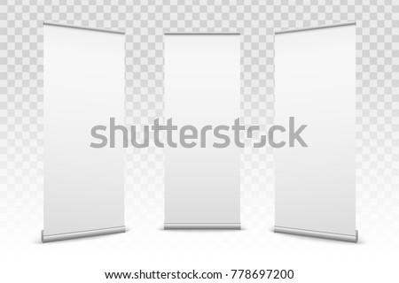 Creative vector illustration of empty roll up banners with paper canvas texture isolated on transparent background. Art design blank template mockup. Concept graphic promotional presentation element. Royalty-Free Stock Photo #778697200