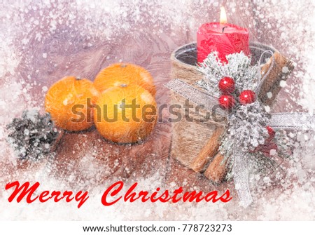 Christmas card with a candle and tangerines. With a congratulatory signature
