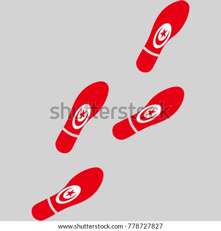 Vector illustration of chain of trails of shoes isolated on grey background, painted in the colors of national flag of Tunisia