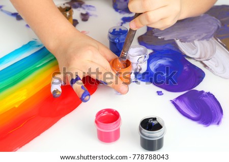 child's hand draw painting colors on a white background
