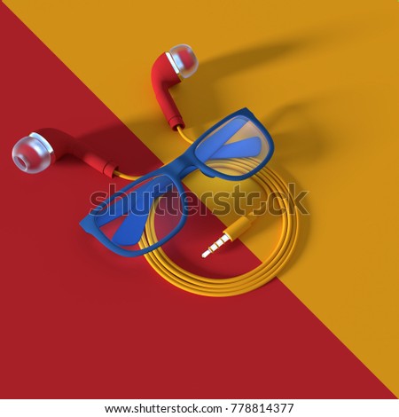 Earphone with blue glasses on red and yellow background.3d render.