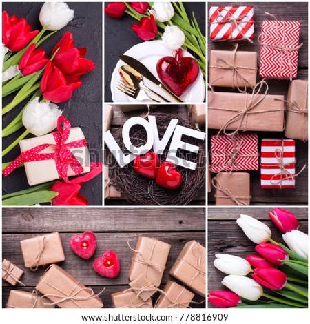 Collage from St. Valentine day photos. Decorative red little candles  hearts, in nest, bright  spring  tulips flowers,  word love  on textured background. Wedding or Valentine day