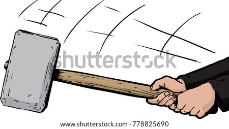 Unidentifiable person swinging a large sledge hammer over white