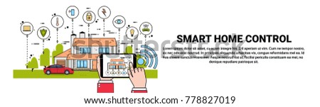 Hand Hold Digital Tablet With Smart Home Control System Application, Modern House Technology Of Automation Concept Vector Illustration