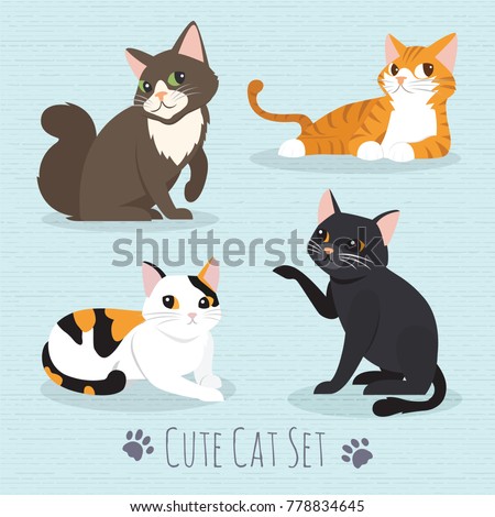 Set cute cats flat icons. Vector Illustration Cartoon