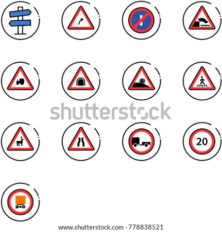 line vector icon set - road signpost vector sign, turn right, no parkin odd, embankment, tractor way, tunnel, steep roadside, pedestrian, wild animals, narrows, trailer, speed limit 20