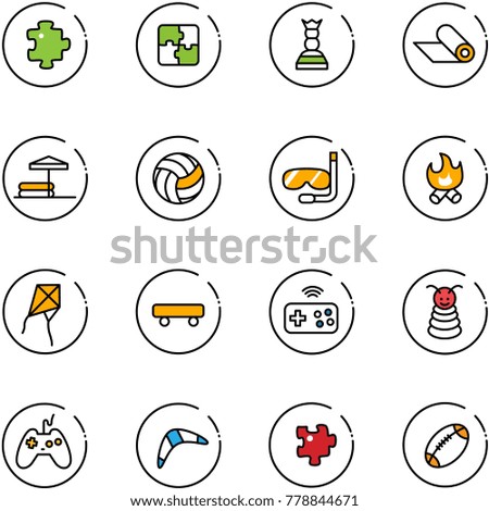 line vector icon set - puzzle vector, chess queen, mat, inflatable pool, volleyball, diving, fire, kite, skateboard, joystick wireless, pyramid toy, boomerang, football