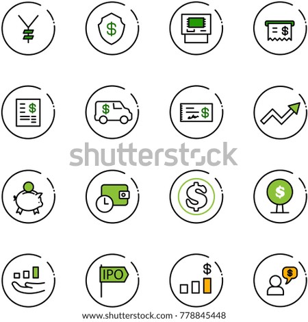 line vector icon set - yen vector, safe, atm, receipt, account statement, encashment car, check, growth arrow, piggy bank, wallet time, dollar, money tree, ipo, chart, dialog