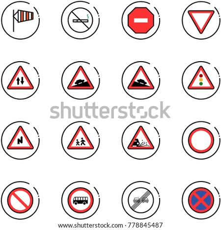 line vector icon set - side wind vector, no smoking sign, way road, giving, oncoming traffic, climb, steep descent, light, abrupt turn right, children, gravel, prohibition, bus, end overtake limit