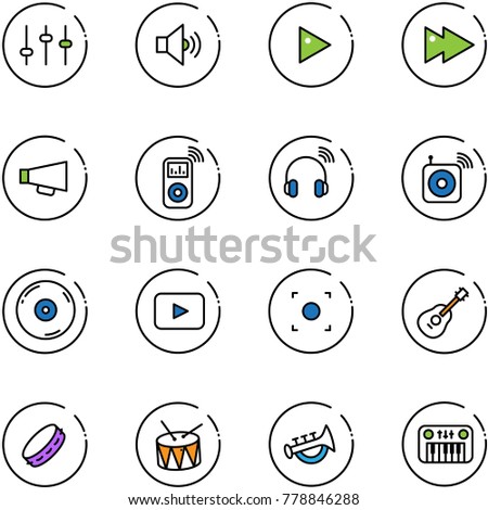 line vector icon set - settings vector, volume medium, play, fast forward, loudspeaker, music player, wireless headphones, speaker, cd, playback, record button, guitar, tambourine, drum, horn toy