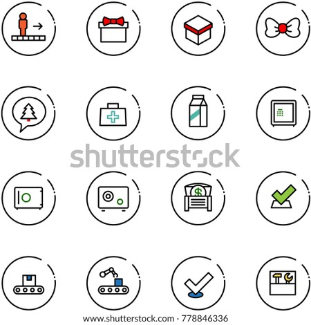 line vector icon set - travolator vector, gift, bow, merry christmas message, doctor bag, milk, safe, money chest, check, conveyor, tool box