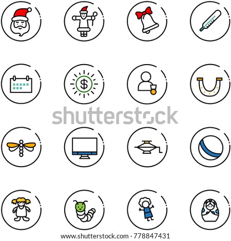 line vector icon set - santa claus vector, bell, thermometer, schedule, dollar sun, winner, luck, dragonfly, monitor, jack, ball, doll, toy caterpillar, russian