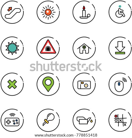 line vector icon set - escalator up vector, sun, candle, disabled, tunnel road sign, home, download, delete cross, map pin, photo, mouse wireless, joystick, oiler, Tic tac toe