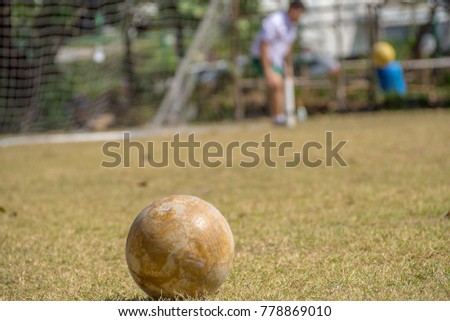 Soccer ball or fdootball on soccer field in front of goal.