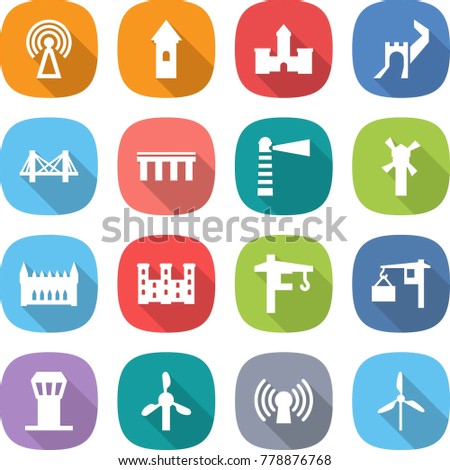 flat vector icon set - antenna vector, tower, castle, greate wall, bridge, lighthouse, windmill, gothic architecture, palace, crane, loading, airport