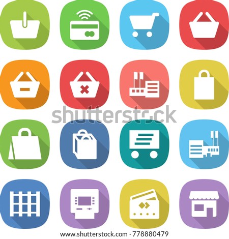 flat vector icon set - basket vector, tap to pay, cart, remove from, delete, store, shopping bag, delivery, mall, pallet, atm, credit card, shop