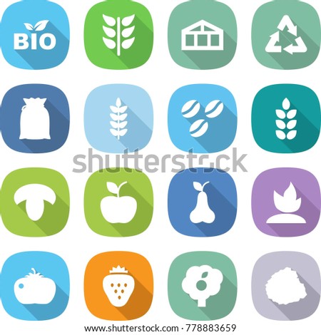 flat vector icon set - bio vector, spikelets, greenhouse, recycle, flour, spike, coffee seeds, mushroom, apple, pear, sprouting, tomato, strawberry, garden, pile of garbage