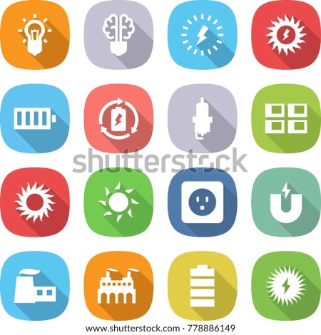 flat vector icon set - bulb vector, brain, lightning, sun power, battery, charge, spark plug, panel house, socket, magnet, factory, solar