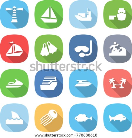 flat vector icon set - lighthouse vector, boat, sea shipping, port, sail, flippers, diving mask, surfer, jet ski, cruise ship, yacht, palm hammock, shark flipper, jellyfish, fish