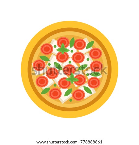Vegetarian pizza with slices of tomatoes, mozzarella cheese and fresh basil leaves. Isolated flat vector design. Element for cafe or pizzeria menu