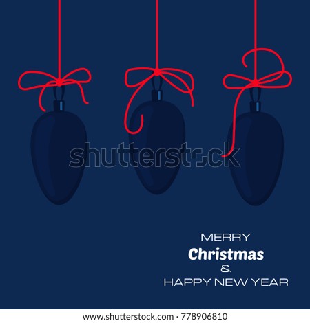 Merry Christmas and Happy New Year dark blue background with three christmas balls. Vector background  for your greeting cards, invitations, festive posters. 
