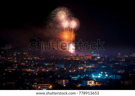 Firework colorful on the sea in celebration festival at Pattaya beach  ,Thailand