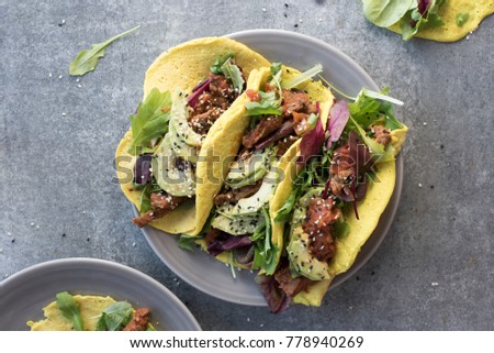 Chicken Salad Spicy Tacos wth Avocado and Chilli