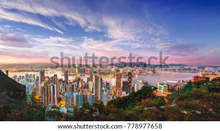 Beautiful sunset panorama over Victoria bay in Hong Kong, China