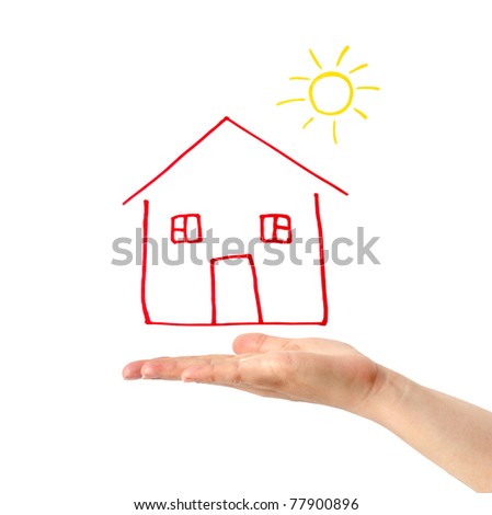 drawing of house with sun on the hand isolated on white