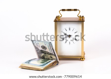 Classic Watch with a dollar, model on dollar banknote, concept and idea of time value and money, realestate business and finance concepts. retro, green with the hands at 12 am or pm
