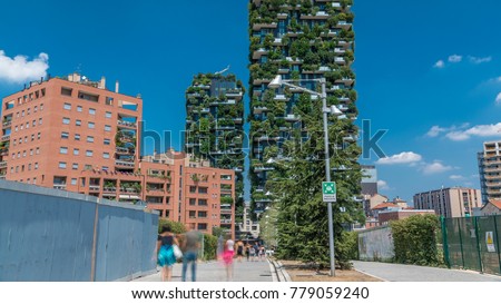 MILAN, ITALY - CIRCA JULY 2017: Bosco Verticale or Vertical Forest timelapse. It is a pair of two residential towers in the district of Porta Nuova, Milan they host hundreds of trees and plants in the