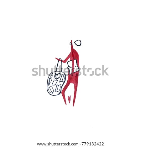 Hand paint watercolor stick figure illustration. Red people. Heart. Man man with books. (Can be used as texture for cards, invitations, DIY projects, web sites or for any other design