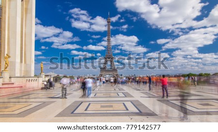 Famous square Trocadero with Eiffel tower in the background. Trocadero and Eiffel tower are the most visited attractions of Paris. Blue cloudy sky at summer day