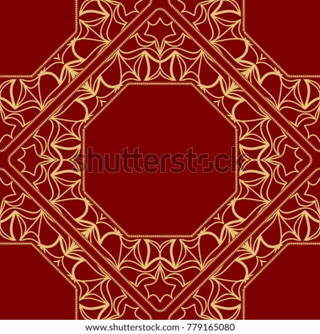 pattern from geometric ornament with lace element for the Print Textile Product.  illustration. Decorative curb treatment. Red, gold color