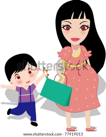 Vector illustration of a Pregnant mother with a boy, colourful family characters