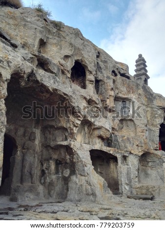 Longmen Dragon gate Grottoes located in big mountain at Luoyang Henan ,China 
