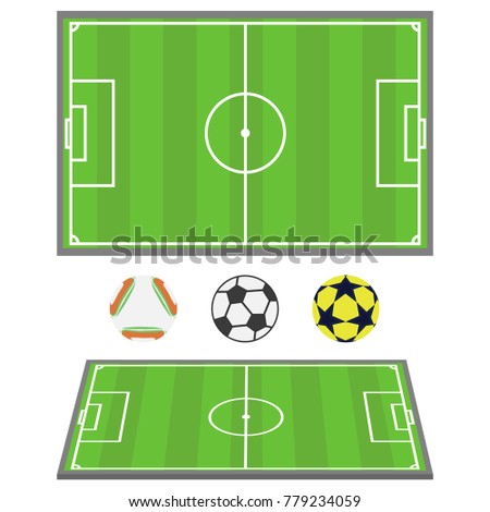 A football field, a realistic football field for playing football. A set of soccer balls. Flat design, vector illustration, vector.