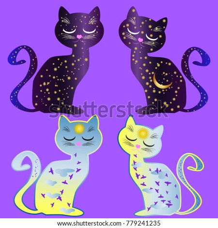 A set of four cats, two cat-day and two cat-night. Cat silhouette painted with day sky, with clouds, sun, birds and cat silhouette painted with night sky with stars, moon