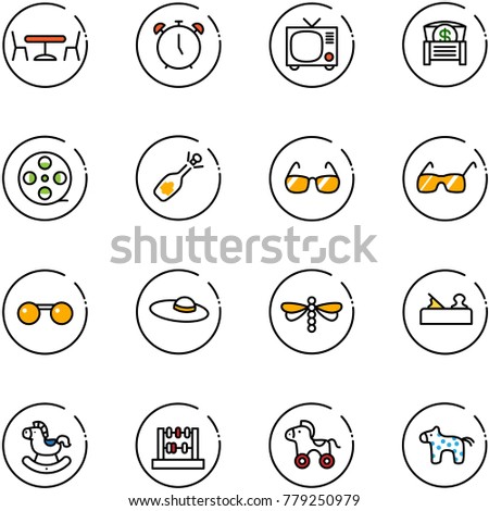 line vector icon set - cafe vector, alarm clock, tv, money chest, film coil, fizz opening, sunglasses, woman hat, dragonfly, jointer, rocking horse, abacus, wheel, toy